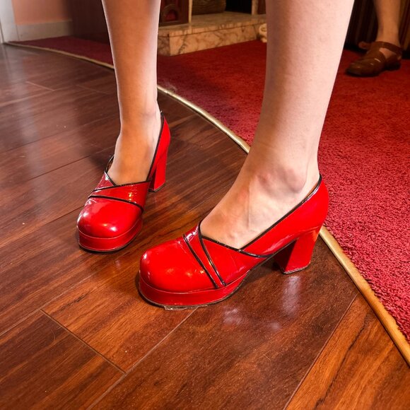 1940s PIN UP Real Patent Leather bright red leather sole Platform cuban heels fr - Picture 6 of 16